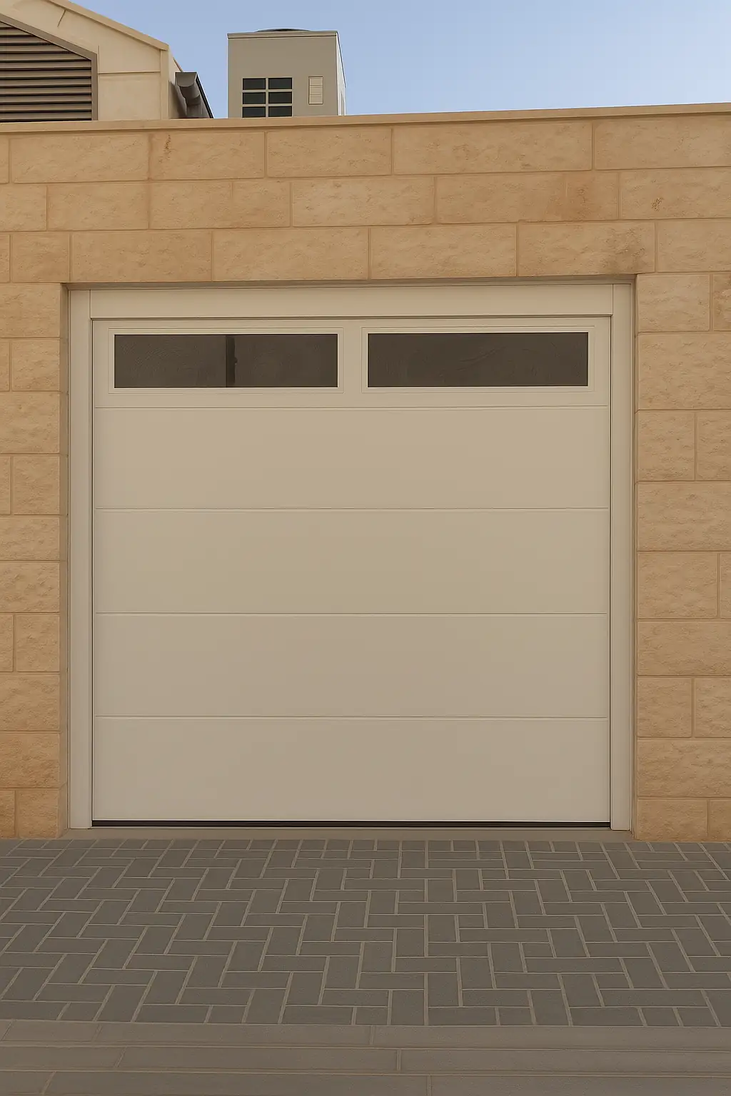 דלת חניה לבנה מודרנית עם חלונות זכוכית עיליים להכנסת אור טבעי